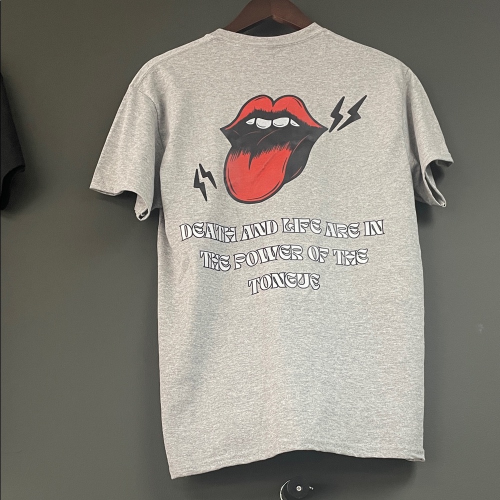 Gray Graphic Tee with Red Tongue Design